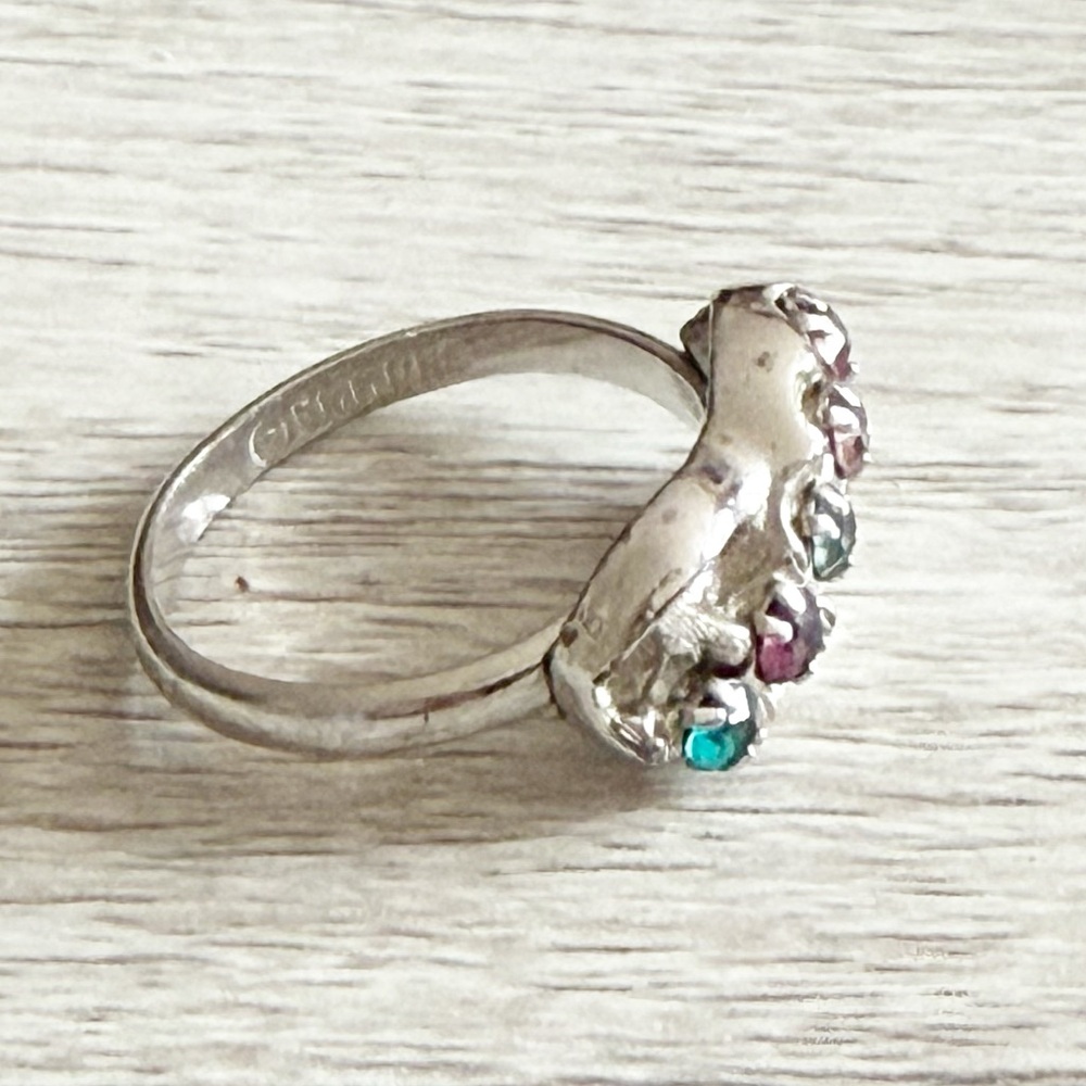 Emmons Vtg Size 6.75 Adjustable Silver Tone Multicolor Rhinestone Ring 60s 70s - Picture 11 of 13